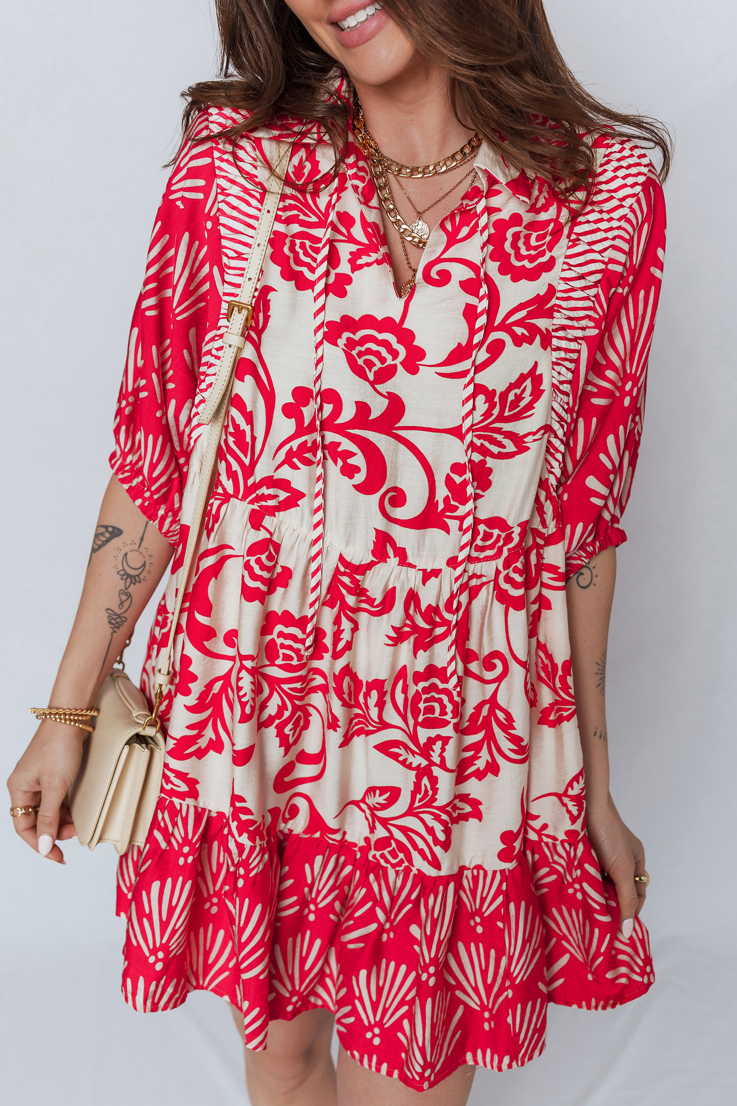 Red Collared V Neck Half Sleeve Loose Flower Mini Dress - loveforevers