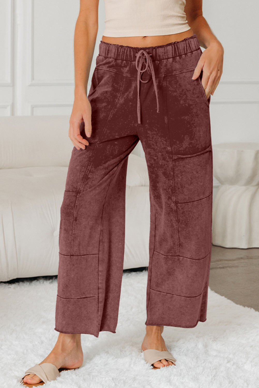 Lapis Mineral Wash Lace-up High Waist Raw Hem Patched Pocket Pants - loveforevers