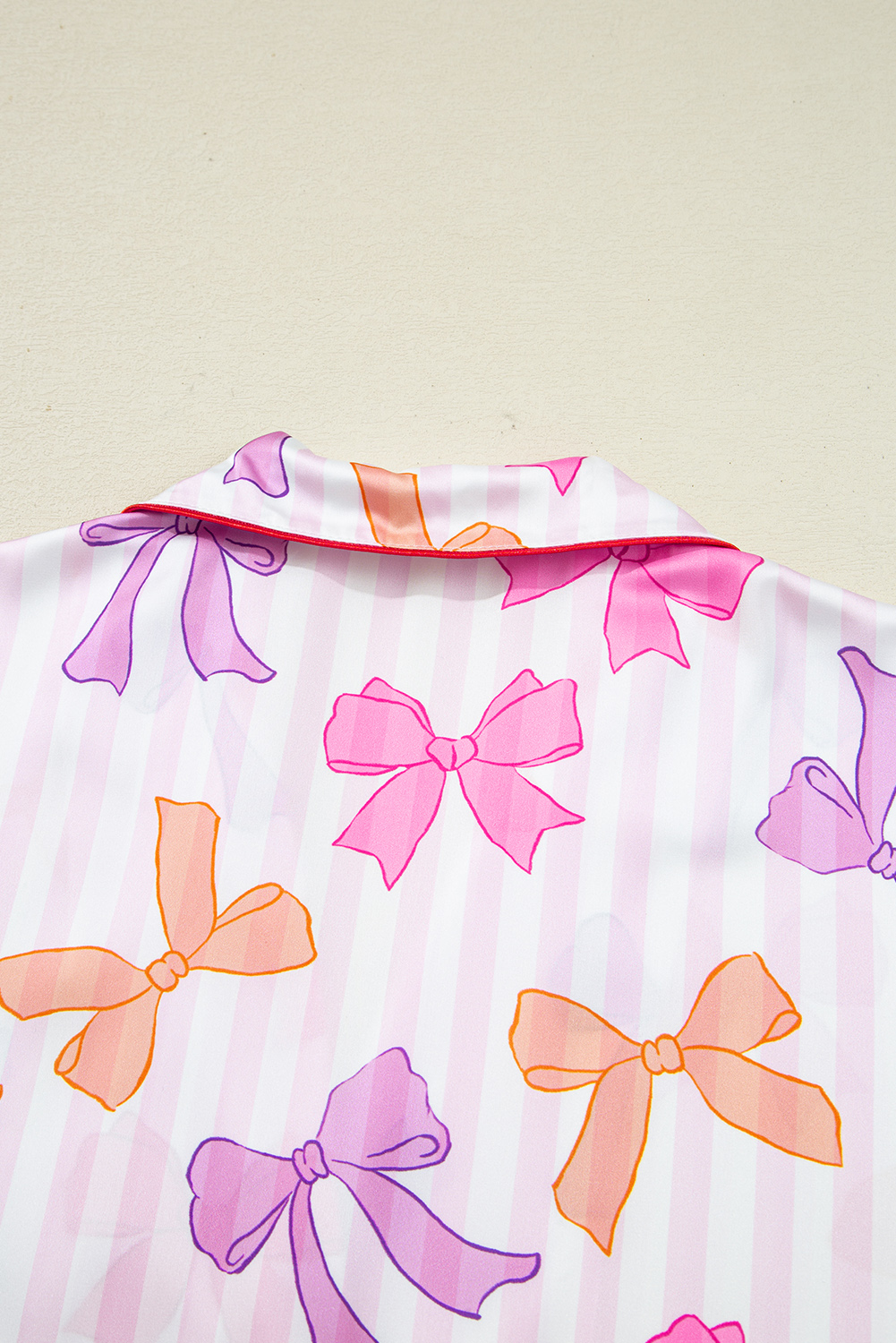 Pink Striped Bow Print Contrast Piping Trim Shirt and Pants 2pcs Pajama Set - loveforevers