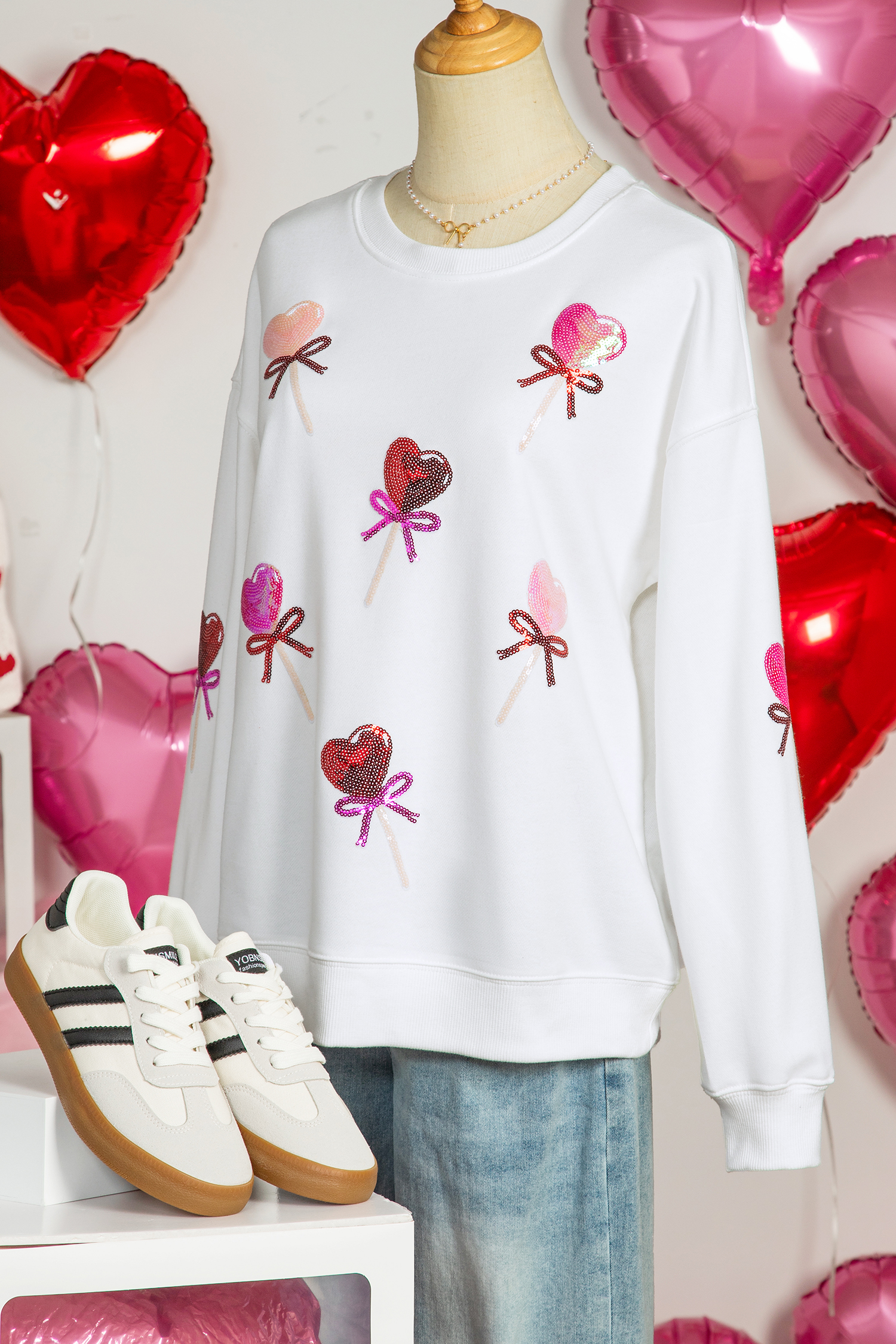 White Sequin Bow Heart Shape Lolly Valentines Day Graphic Sweatshirt - loveforevers