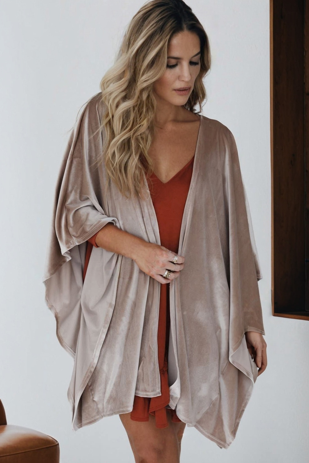 Smoke Gray 3/4 Sleeve Open Front Velvet Kimono - loveforevers