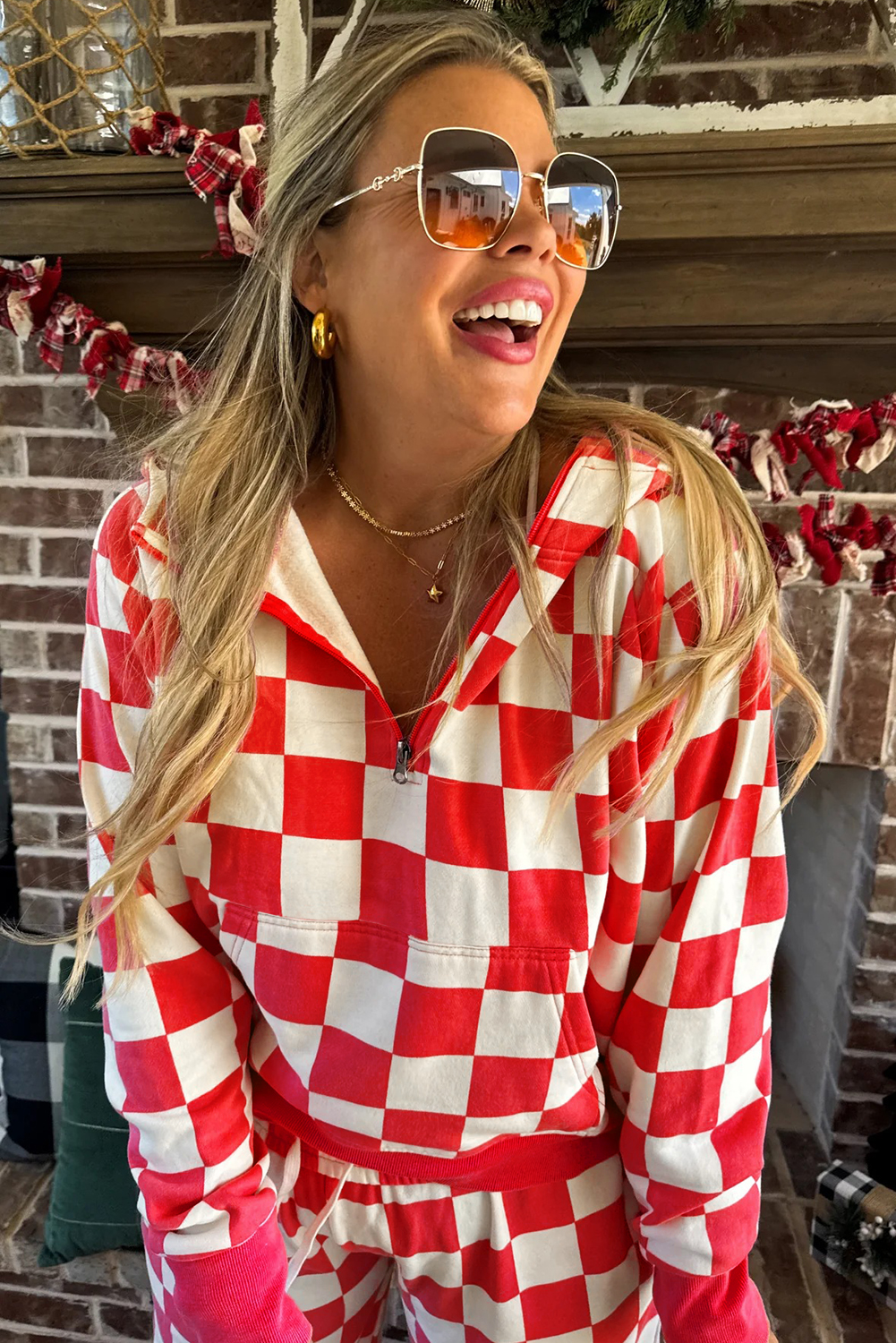 Red Checkered Print Half Zip Hoodie Loose Pant Set - loveforevers