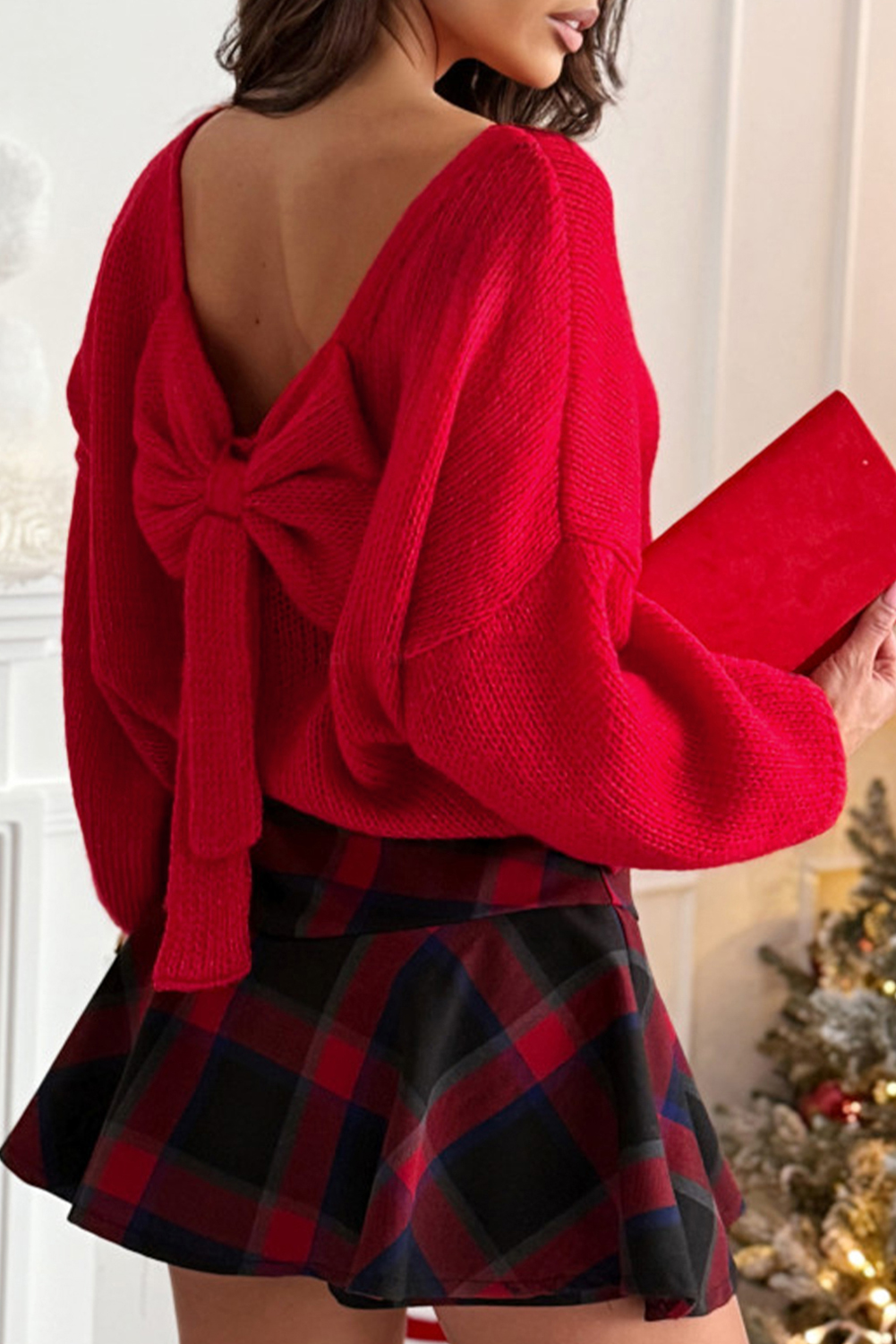 Bonbon Festive Bow Backless Bubble Sleeve Sweater - loveforevers