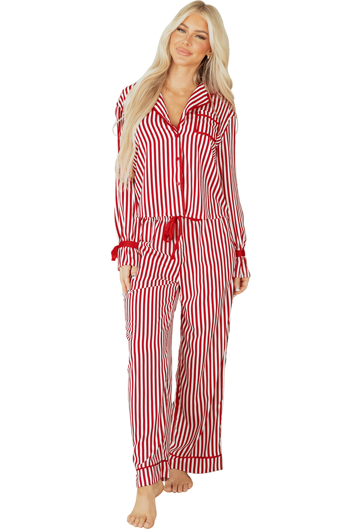 Red Stripe Contrast Velvet Trim Bow Knot Waist 2pcs Pajama Set - loveforevers