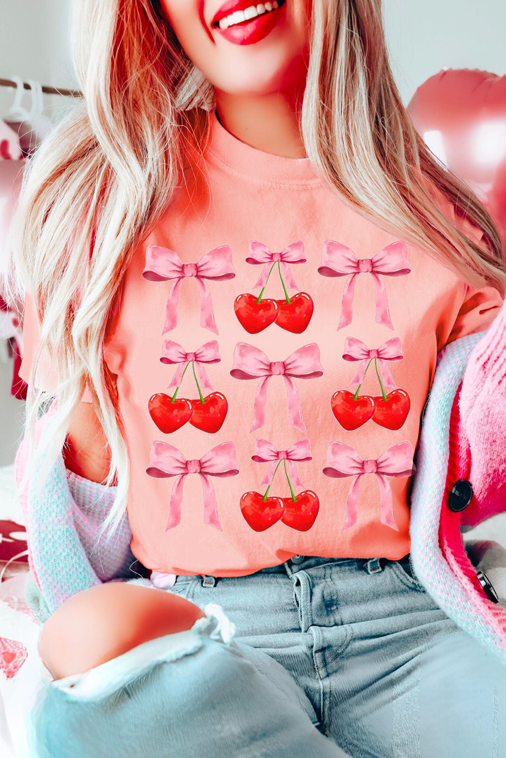 Pink Bow Cherry Print Crew Neck Casual T Shirt - loveforevers