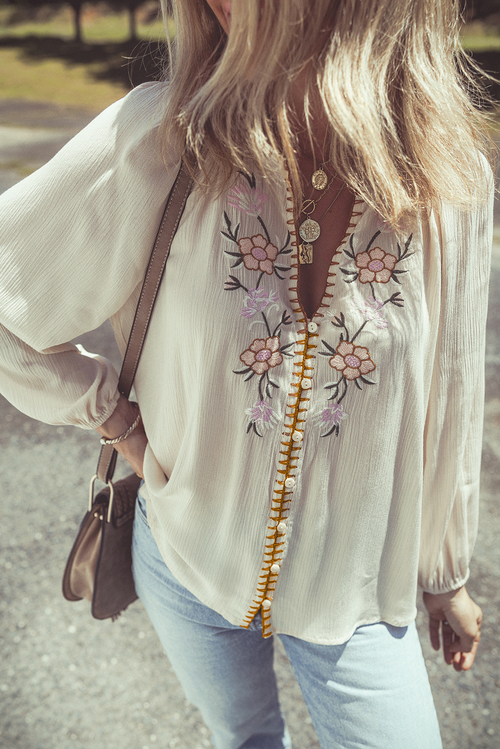 Beige Floral Embroidered Textured Puff Sleeve Loose Shirt - loveforevers