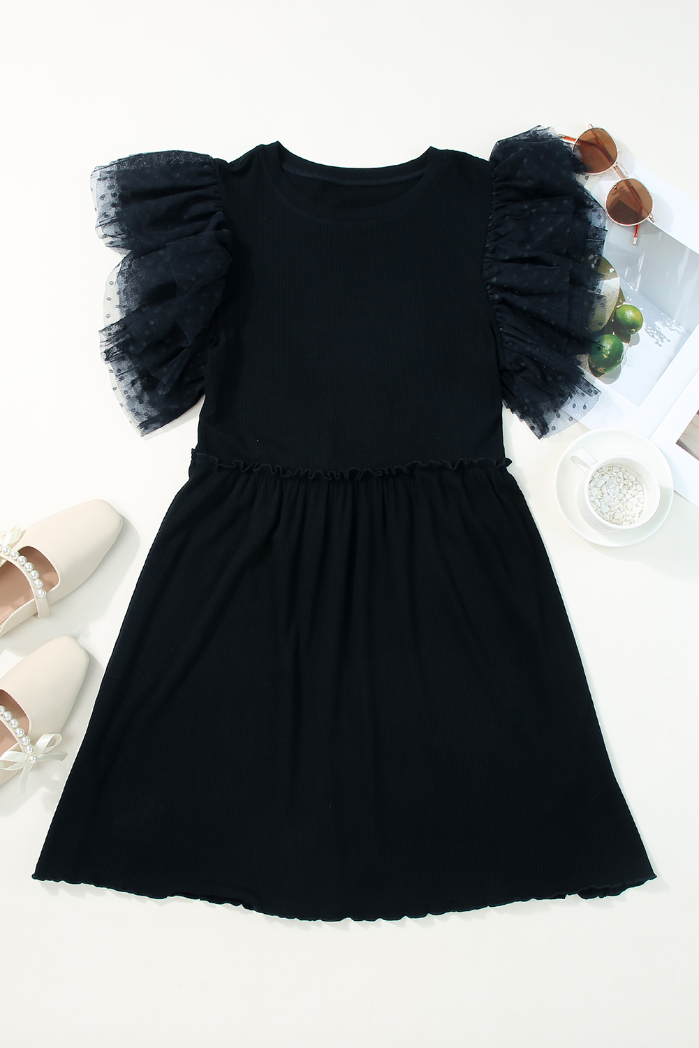 Black Dotty Mesh Ruffle Sleeve Ribbed Knit Babydoll Mini Dress - loveforevers