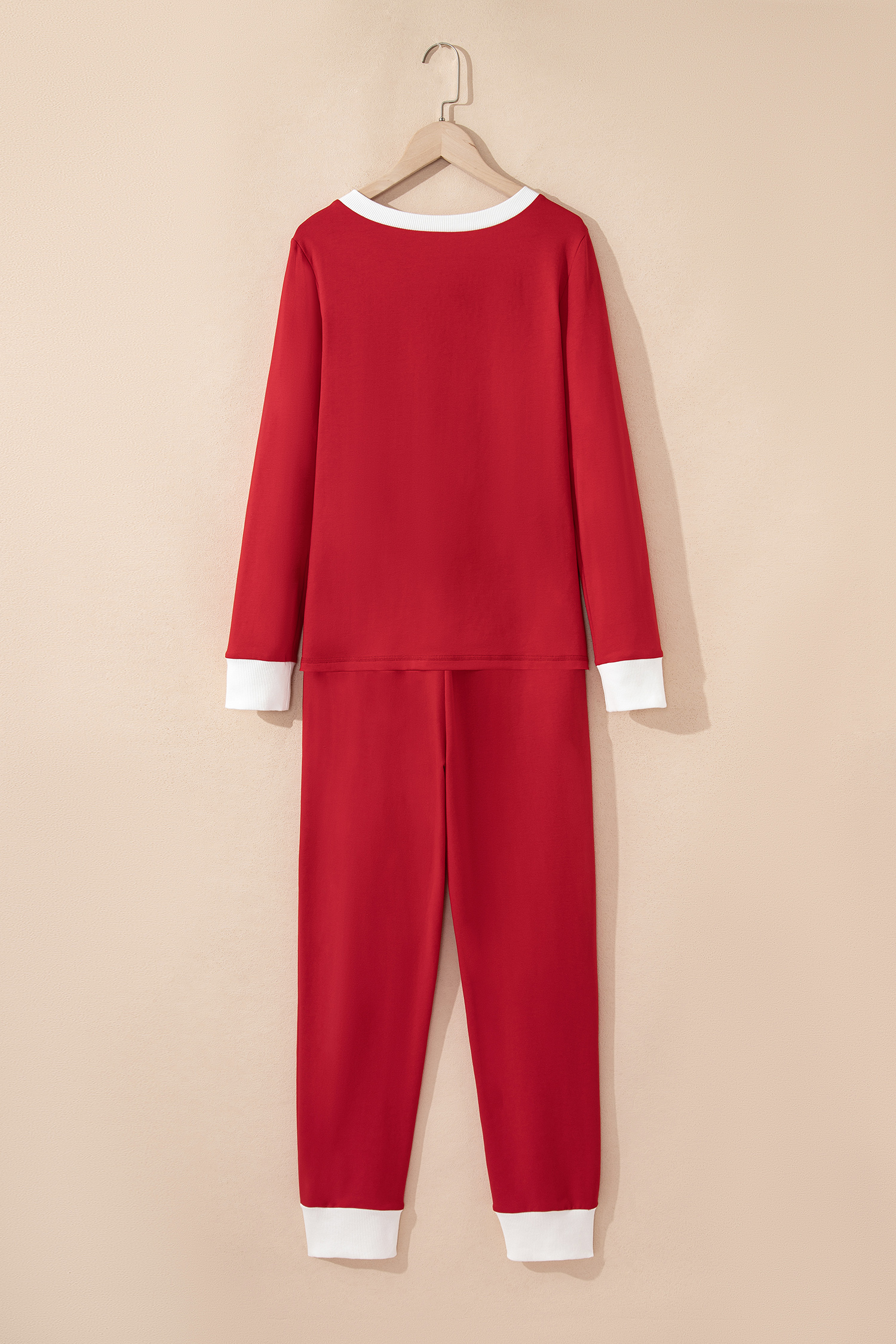 Fiery Red Contrast Trim Button V Neck Ribbon Bow Knot Waist 2pcs Lounge Pant Set - loveforevers