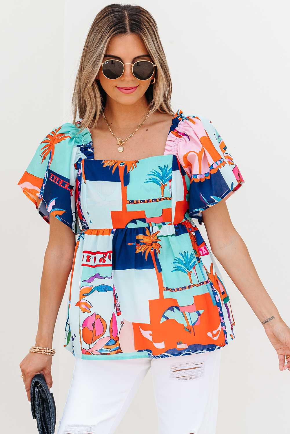Sky Blue Tropical Printed Square Neck Flutter Sleeve Babydoll Blouse - loveforevers