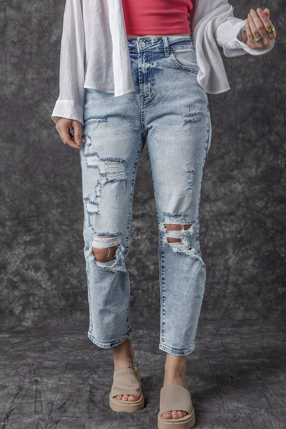 Sky Blue Light Wash Frayed Slim Fit High Waist Jeans - loveforevers