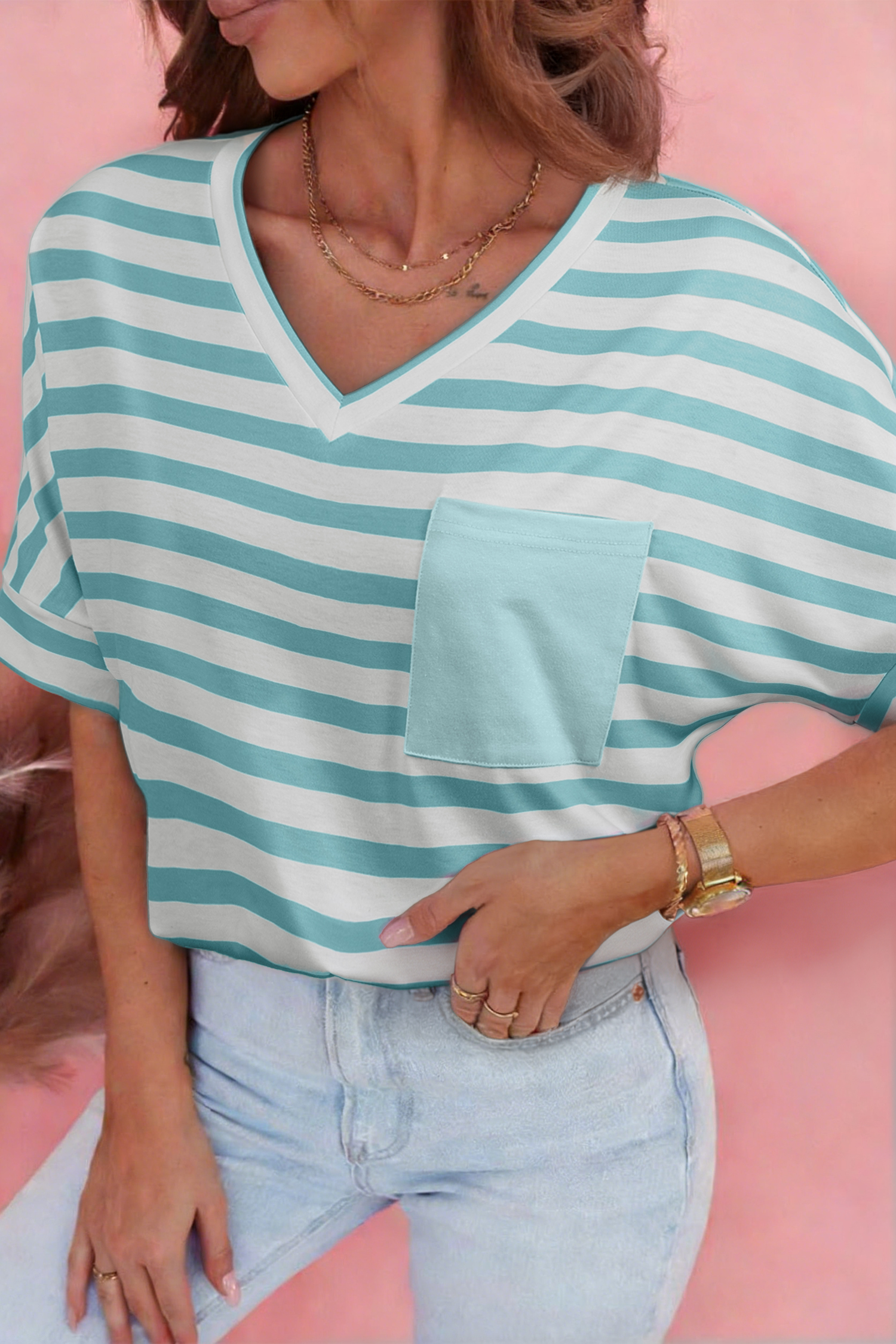 Sky Blue Stripe V Neck Patched Pocket Casual T Shirt - loveforevers