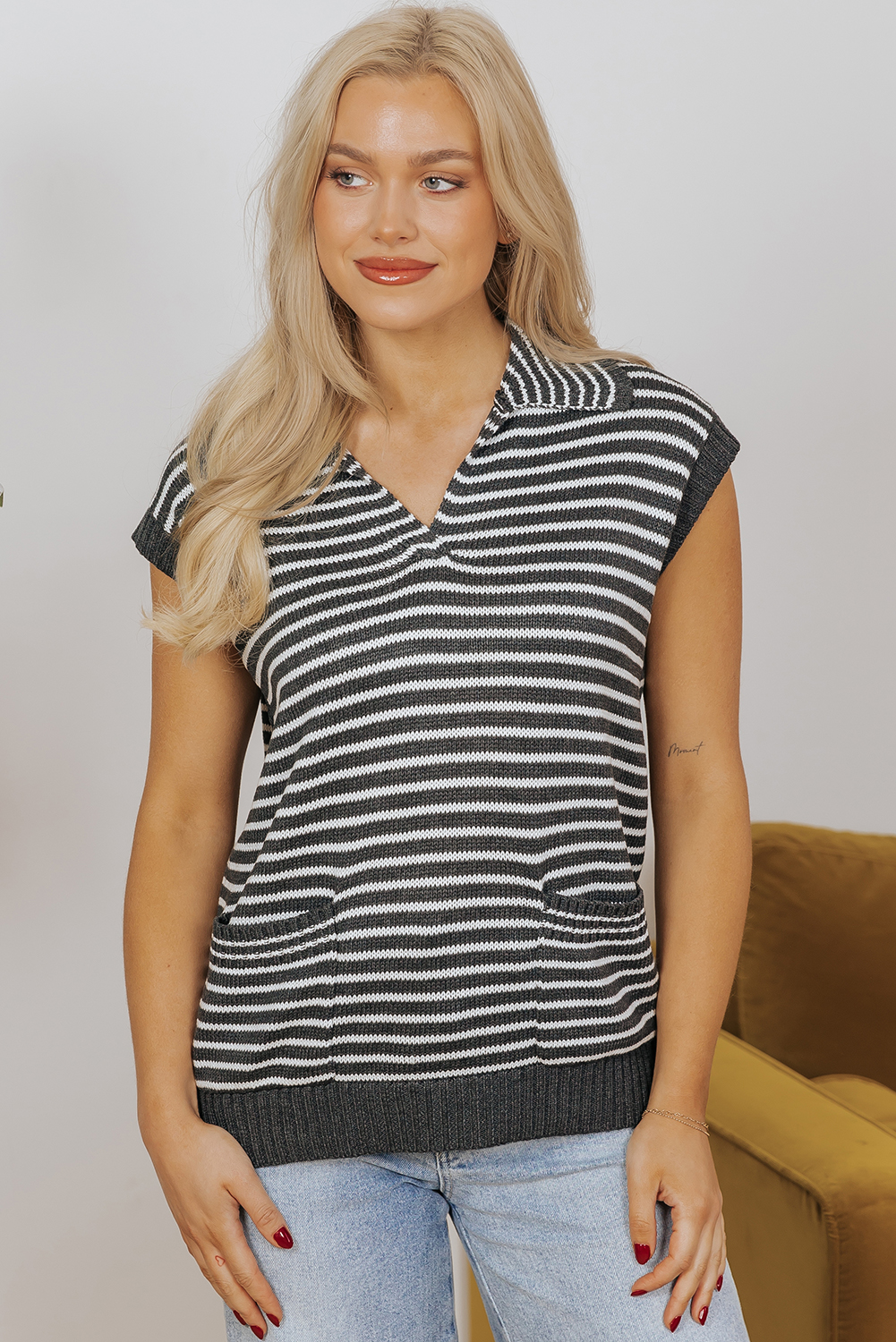 Gray Stripe Collared V Neck Sweater Vest with Pockets - loveforevers