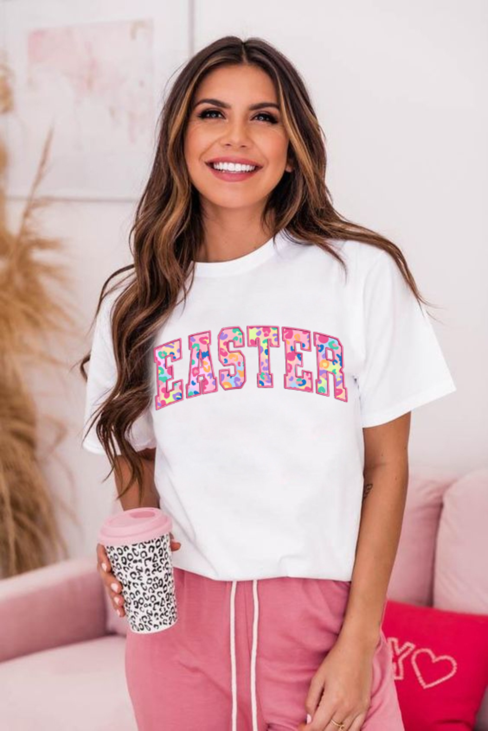 White Cheerful Leopard EASTER Letter Graphic Tee - loveforevers