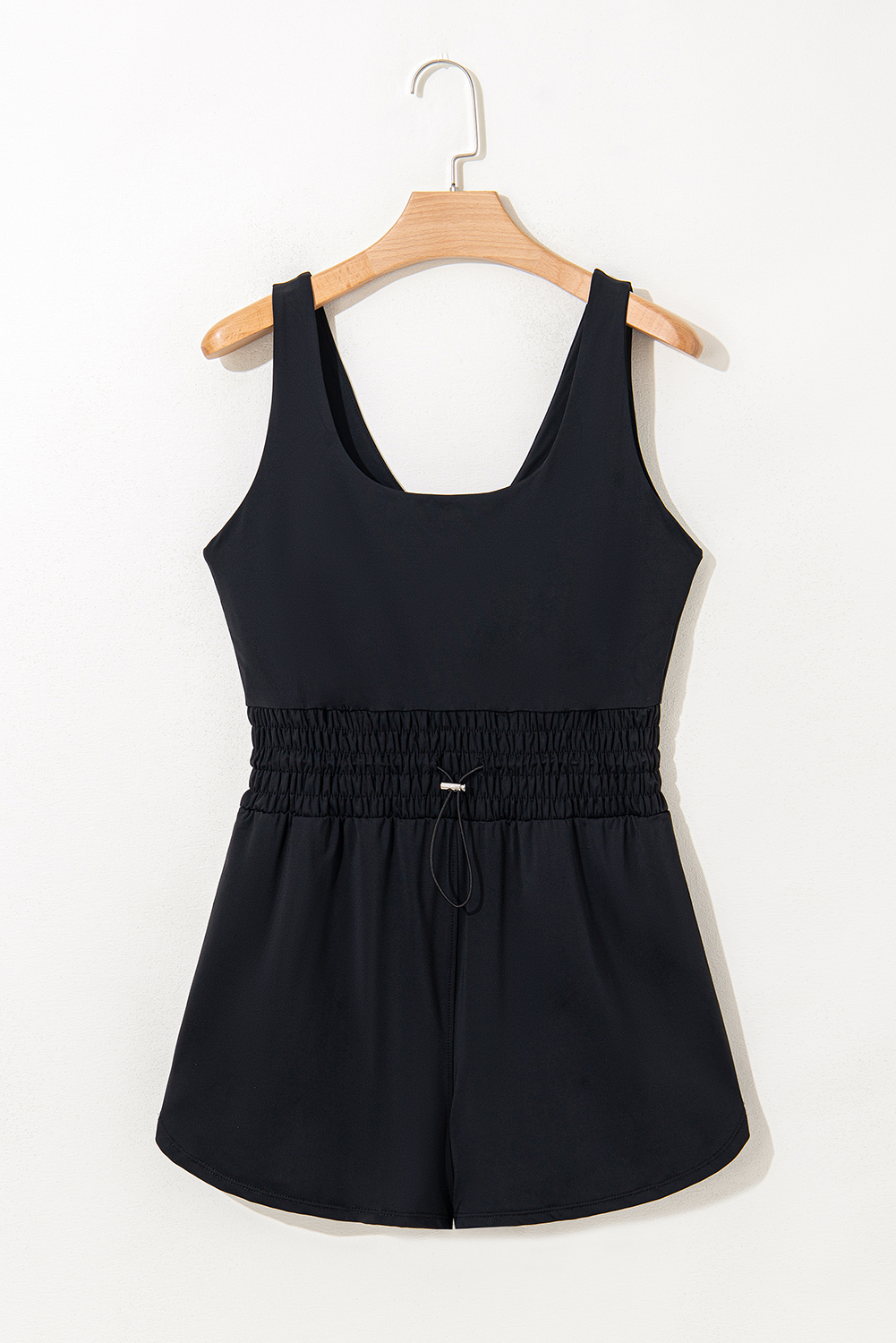 Black Plain Sleeveless Loop Drawstring Cinched Waist Romper - loveforevers