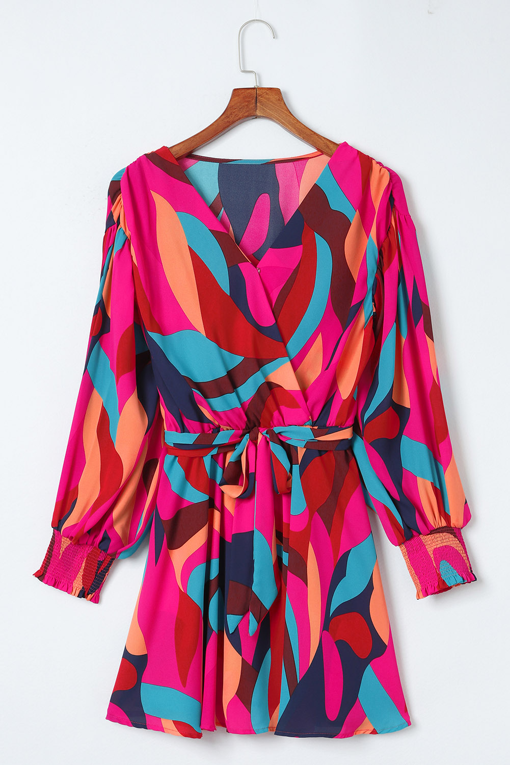 Fiery Red Abstract Printed Belted Puff Sleeve Mini Dress - loveforevers