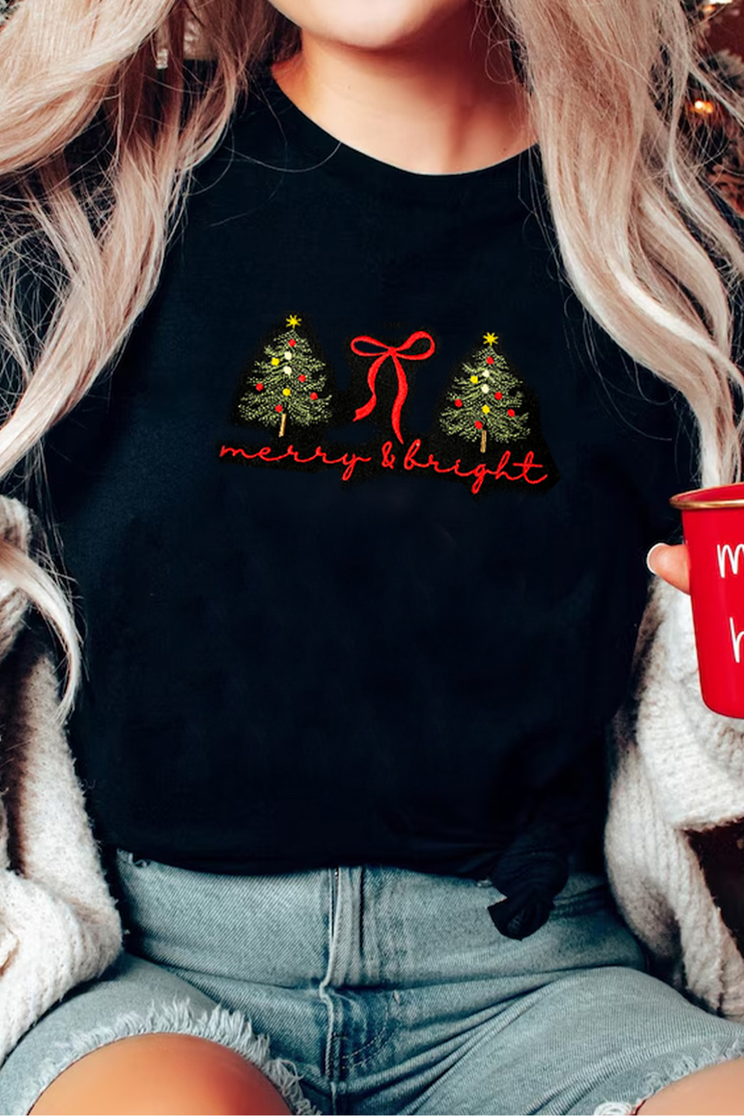 Black Christmas Tree merry & bright Ribbon Bow Embroidered Tee - loveforevers