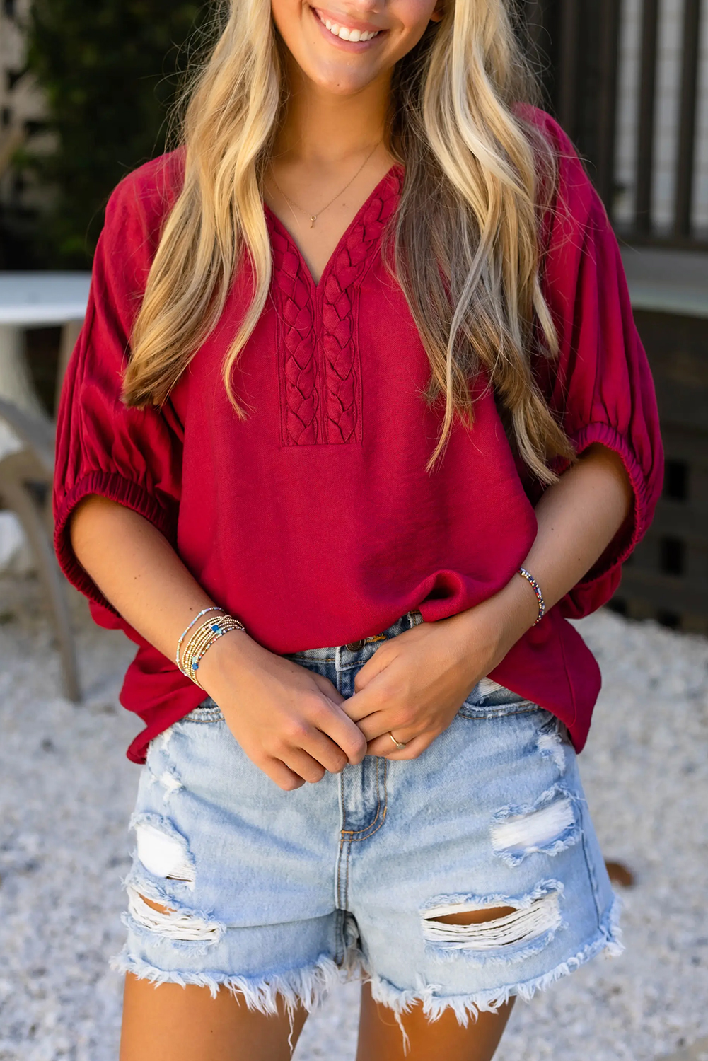 Racing Red Braided Trim V Neck Half Sleeve Blouse - loveforevers