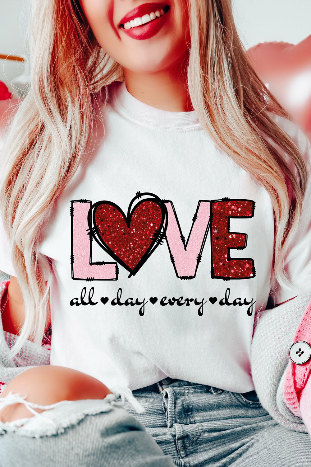 White Valentine LOVE Heart Shape Crew Neck Graphic Tee - loveforevers