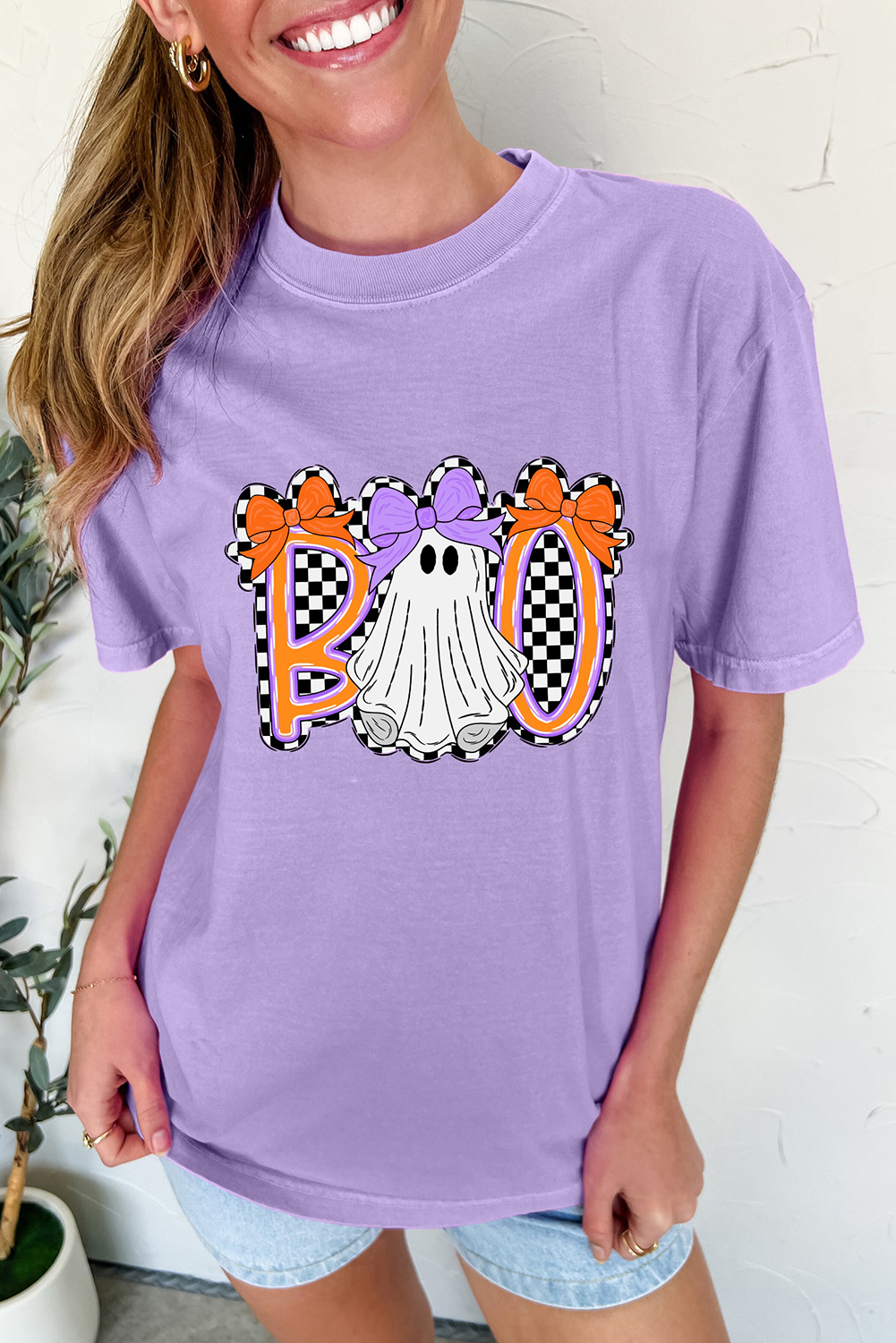 Wisteria Boo Checkered Bow Ghost Halloween Graphic Tee - loveforevers