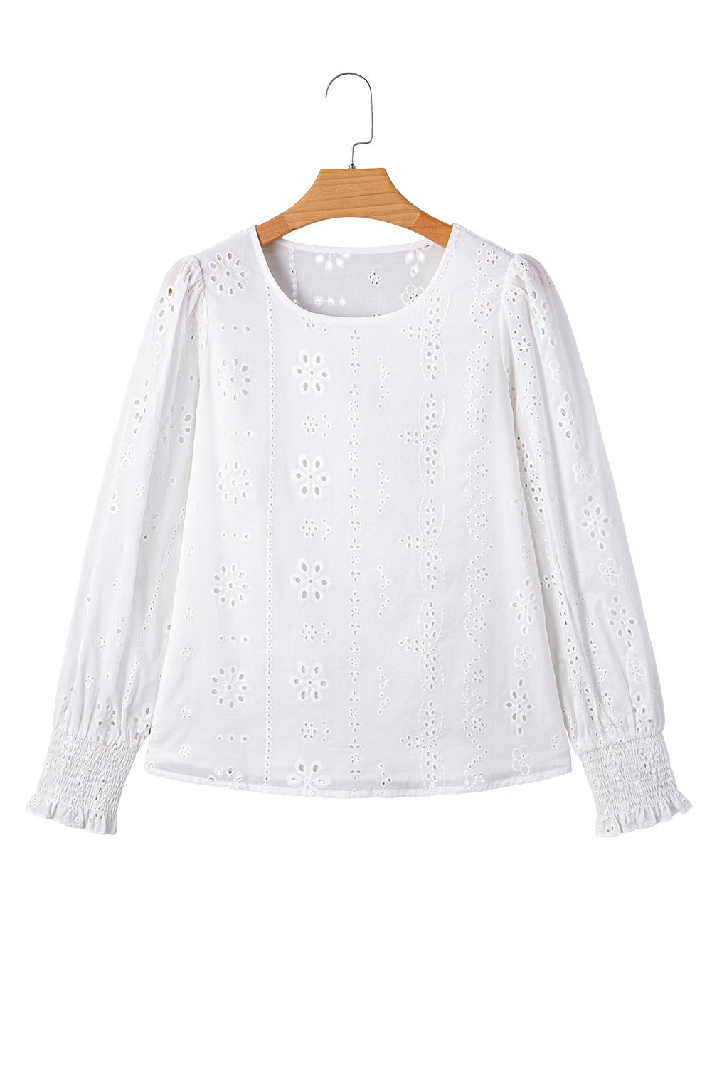 White Eyelet Embroidered Smocked Cuff Sheer Blouse - loveforevers