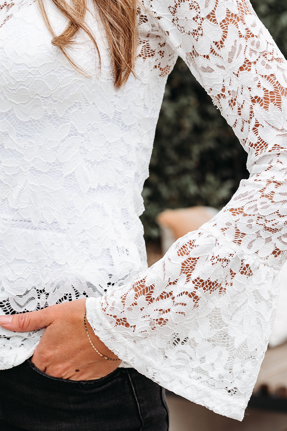 White Lace Crochet Bell Sleeve Mock Neck Blouse - loveforevers