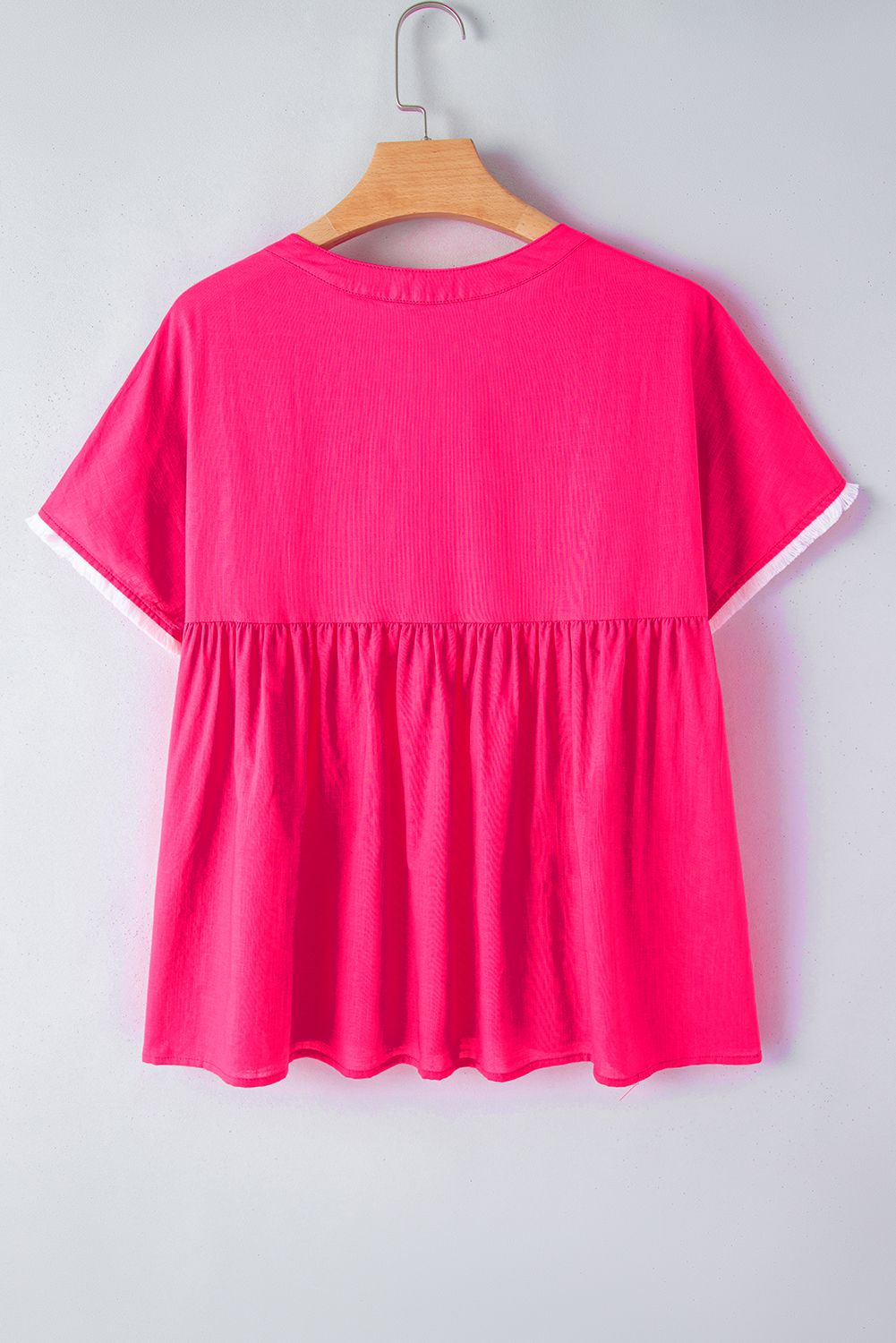 Strawberry Pink Geometric Embroidered Tassel Tie V Neck Blouse - loveforevers