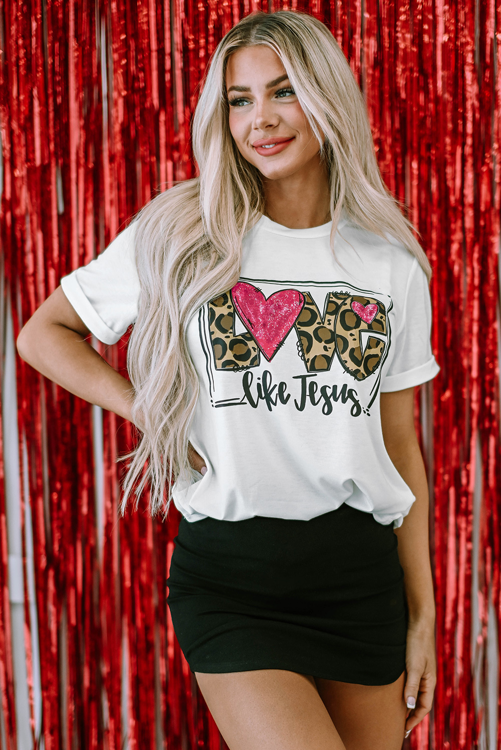 Red Leopard Striped Heart Shaped Print Crew Neck T Shirt - loveforevers