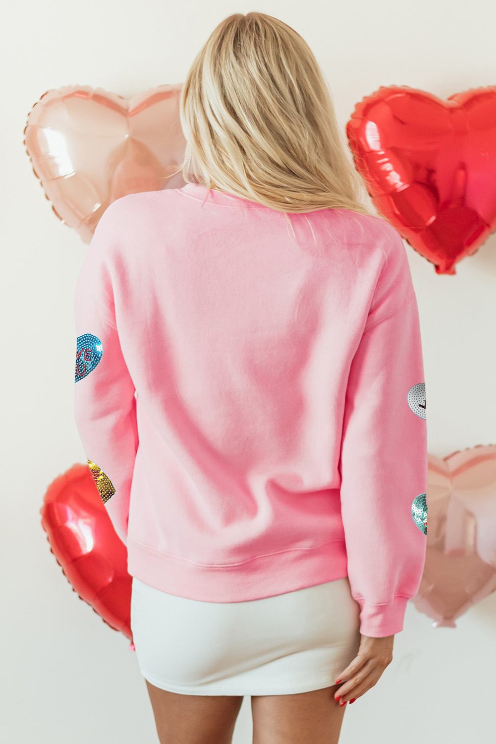 Pink Sequin Valentines Lettering Heart Patched Crewneck T Shirt - loveforevers