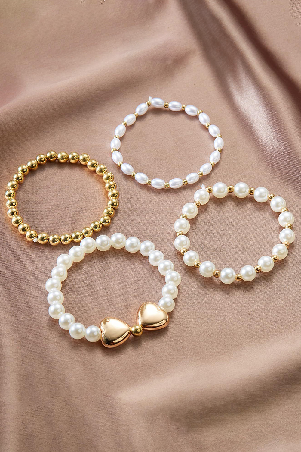Gold Heart Pearl Plated Beaded Elastic Bracelet Set - loveforevers