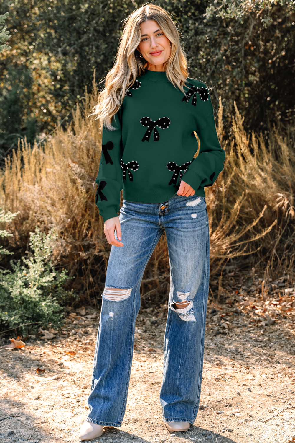 Bright Pink Pearl Embellished Bow Pattern Loose Sweater - loveforevers
