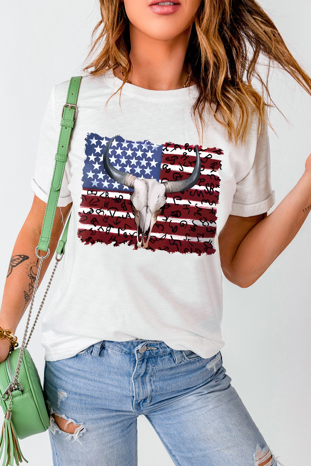 White Bull Skull American Flag Graphic Tee - loveforevers