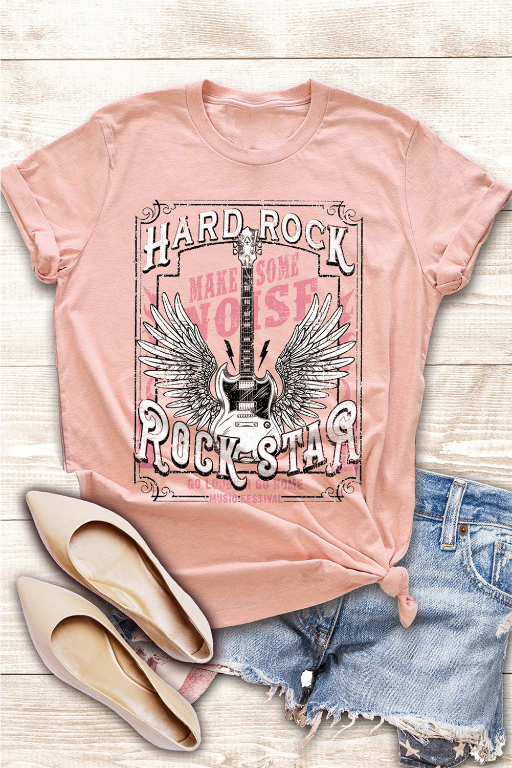 Pink Hard Rock Guitar Print Crew Neck T Shirt - loveforevers