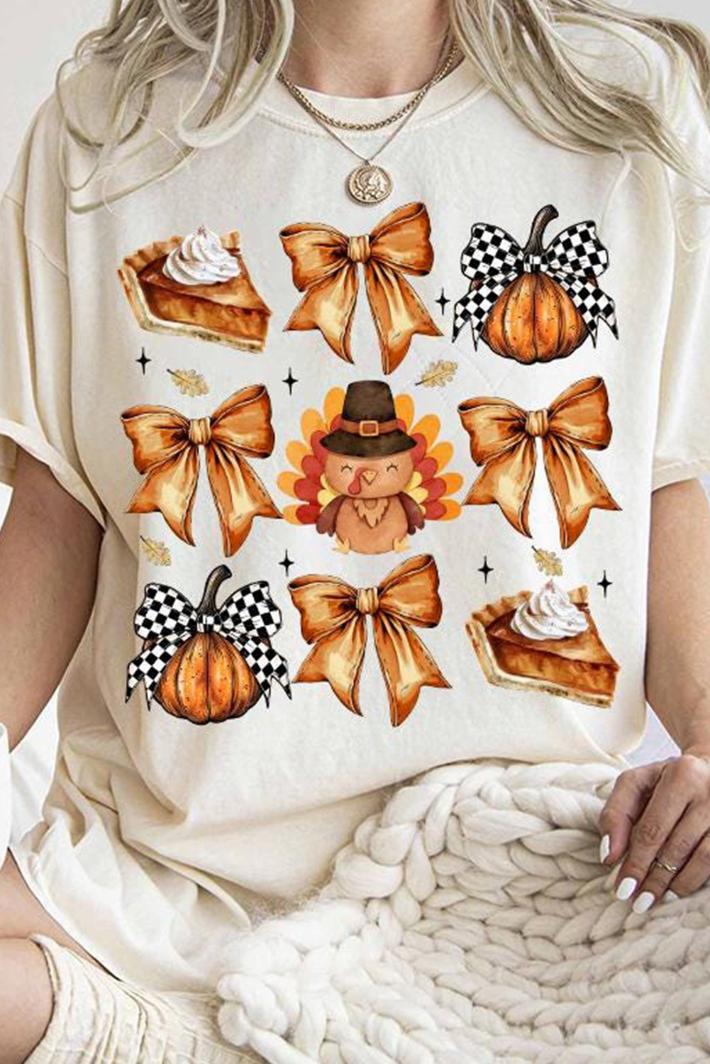 White Cute Bowknot Tanksgiving Graphic Crewneck T Shirt - loveforevers