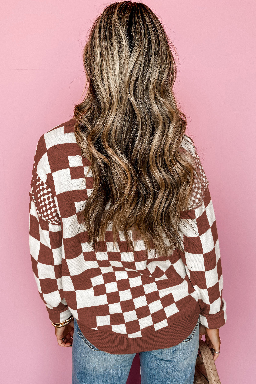 Khaki Checkered Print Drop Shoulder Round Neck Sweater - loveforevers