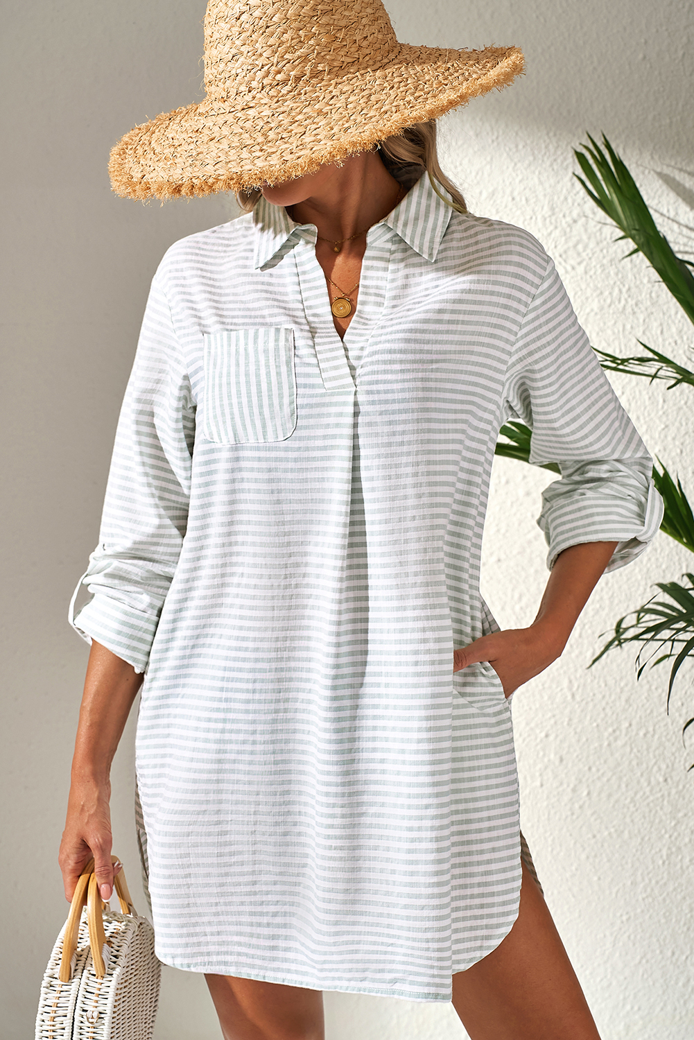 White Stripe Collared V Neck Chest Pocket Long Sleeve Beach Cover up - loveforevers