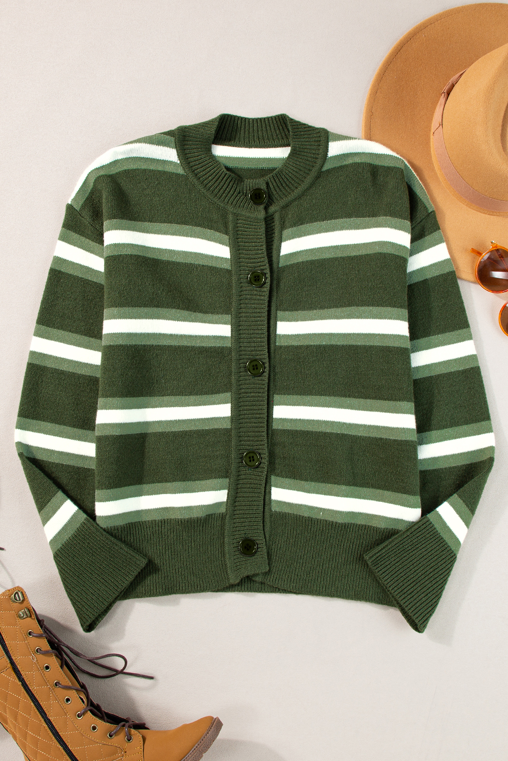 Green Stripe Drop Shoulder Buttons Cardigan Sweater - loveforevers