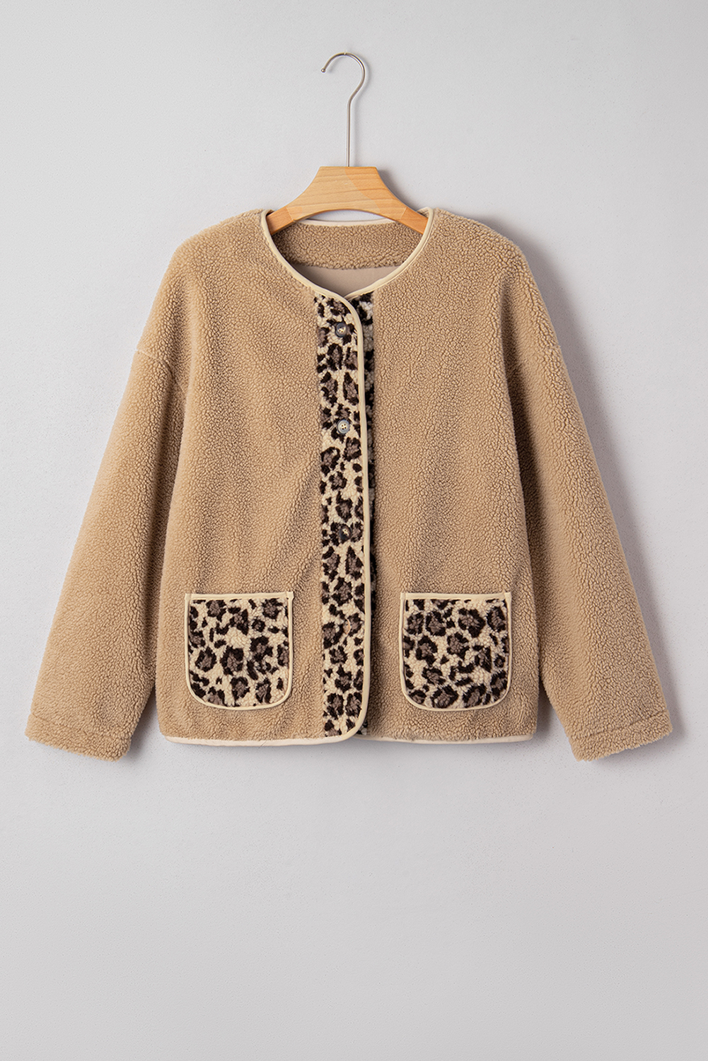 Casual Leopard Print Accent Plush Jacket with Pockets - loveforevers
