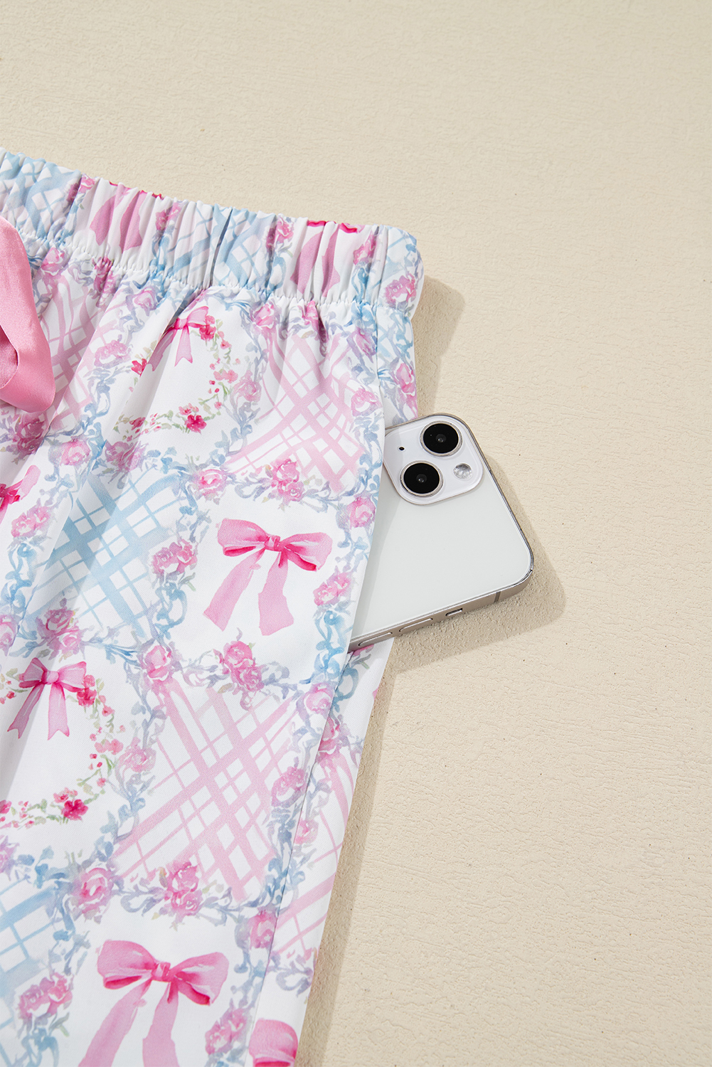 Pink Bow Wreath Pattern Christmas Holiday Tied Front Long Sleeve 2pcs Pajama Set - loveforevers