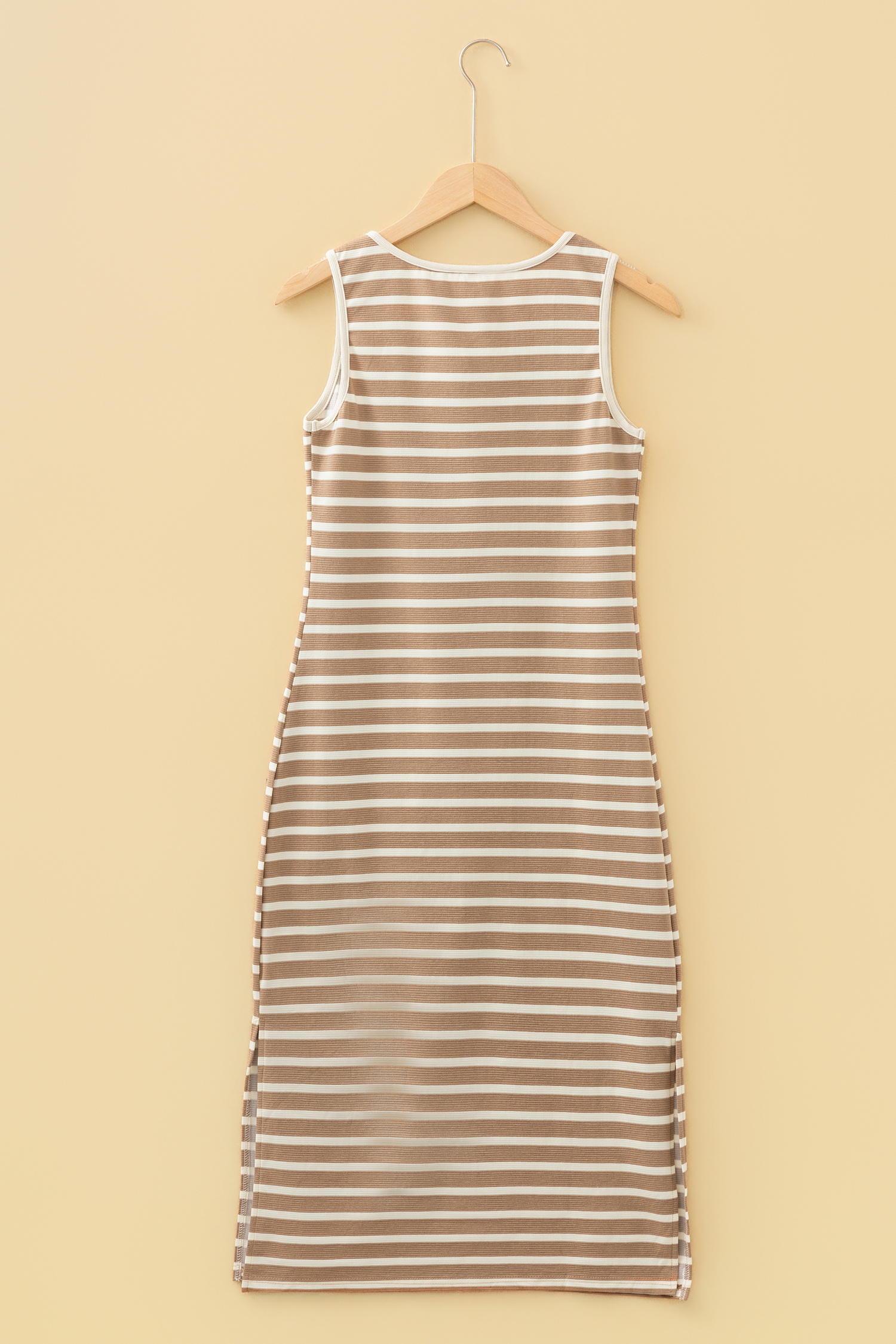 Khaki Stripe Tie V Neck Sleeveless Side Slit Midi Dress - loveforevers