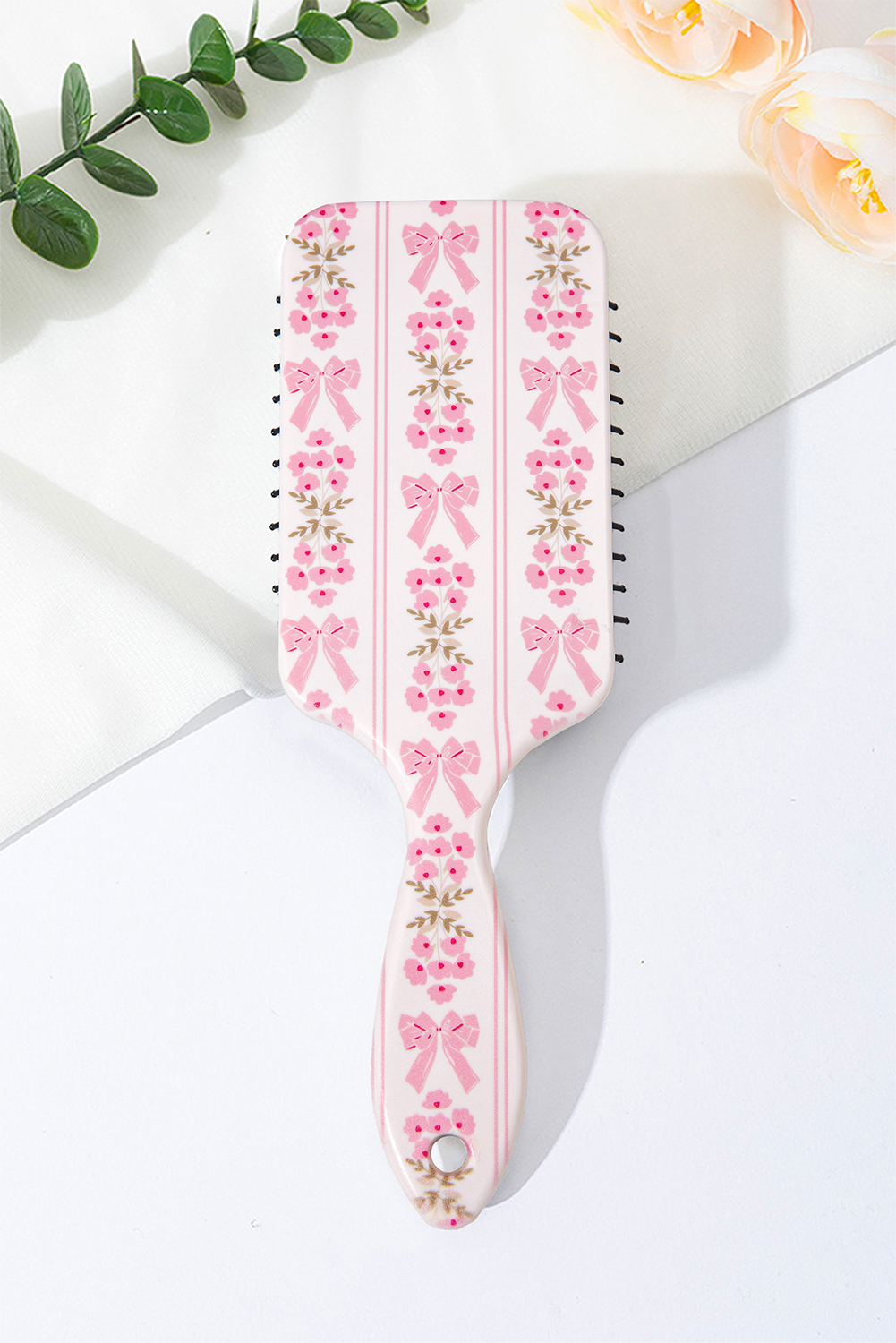 Pink Floral Bow Print Long Handle Air Cushion Comb - loveforevers