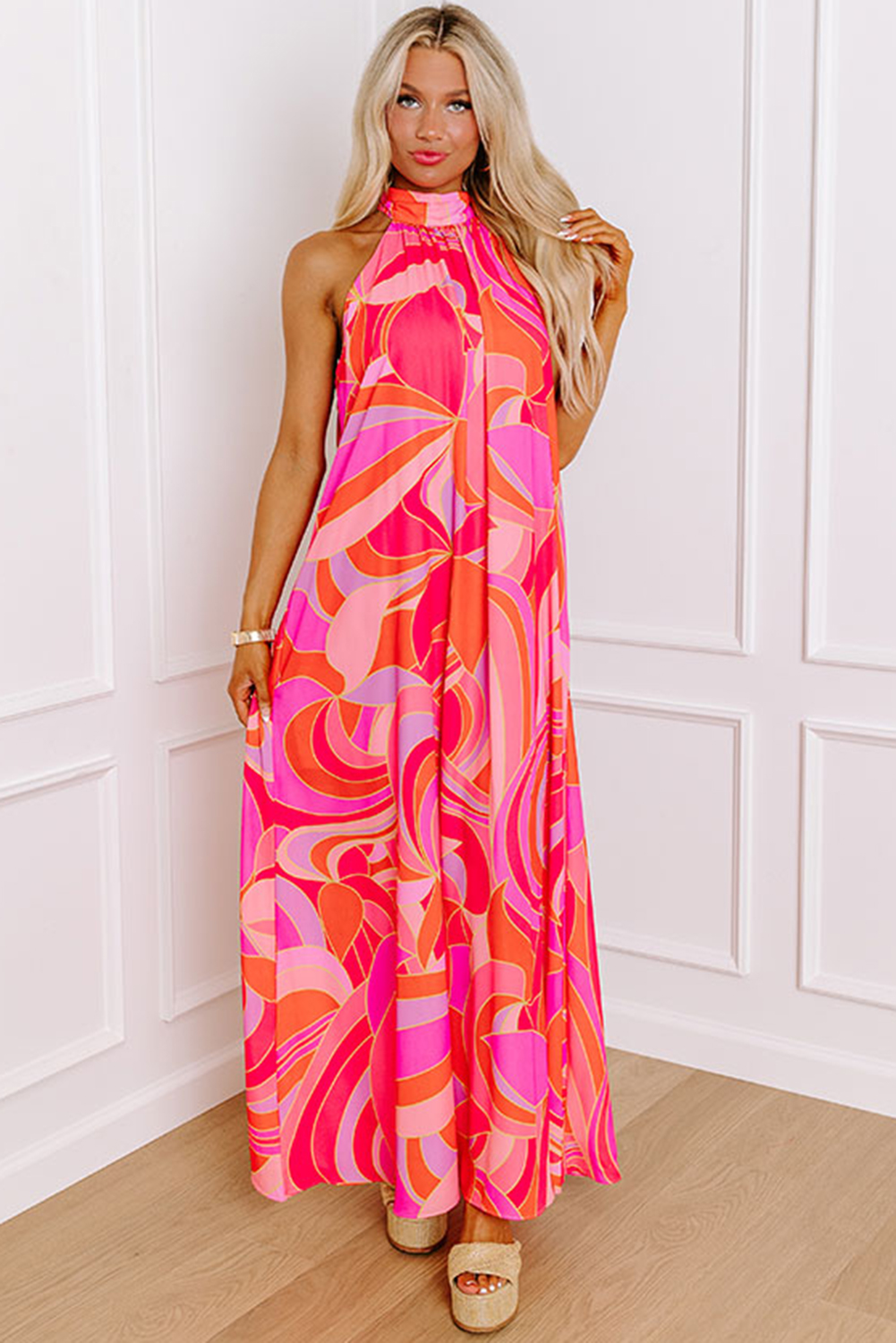 Rose Abstract Printed High Neck Knotted Nape Sleeveless Maxi Dress - loveforevers