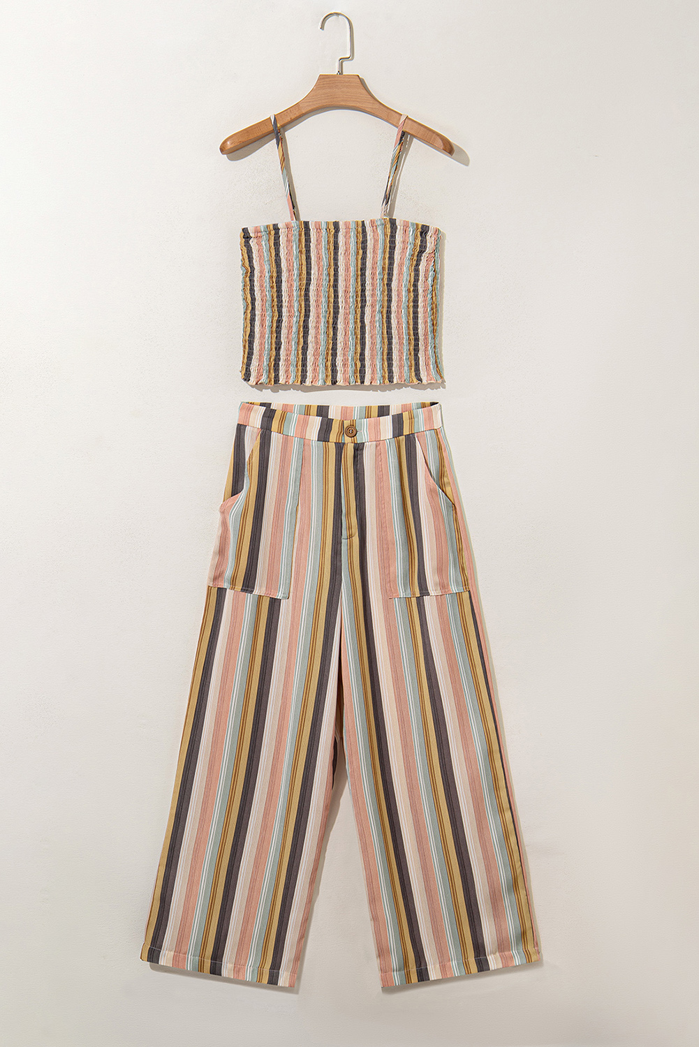 Multicolour Vertical Striped Smocked Cami Top Wide Leg Pants Set - loveforevers