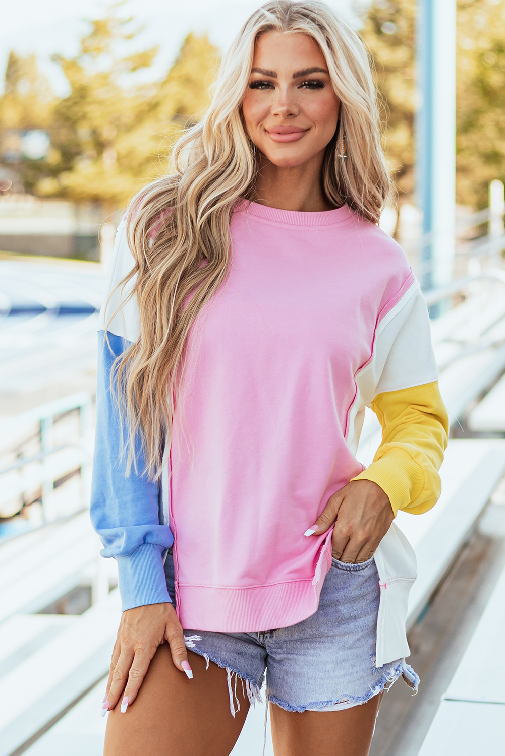 Bonbon Color Block Exposed Seam Side Slits Crewneck Sweatshirt - loveforevers