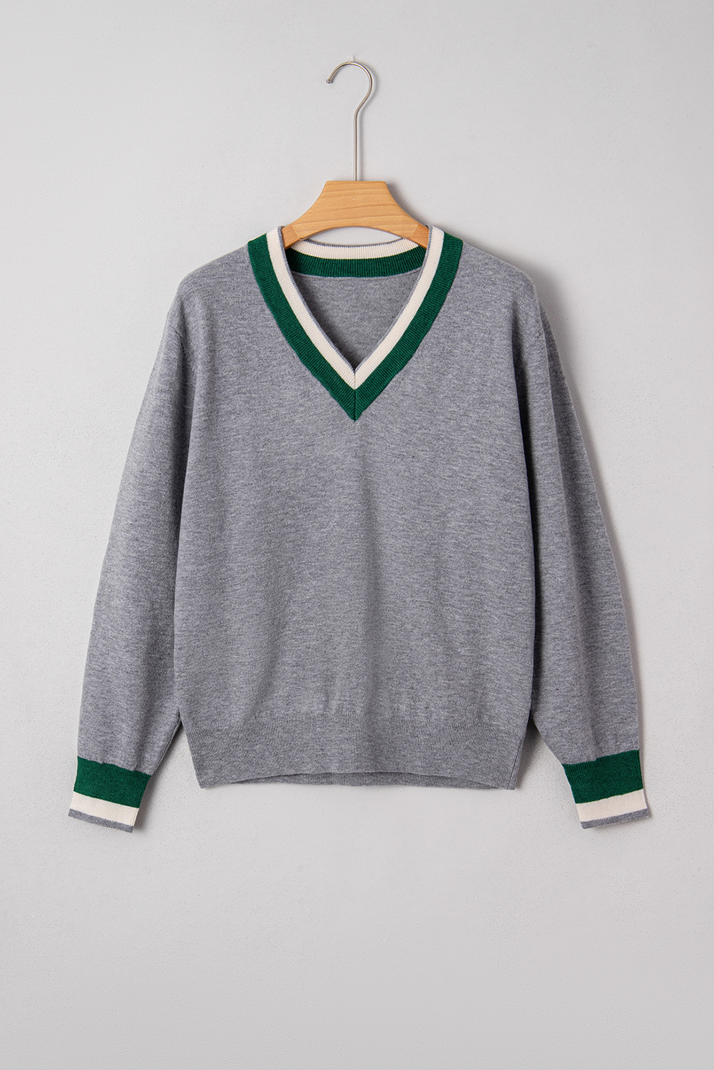 Black Contrast Striped Trim V Neck Varsity Sweater - loveforevers