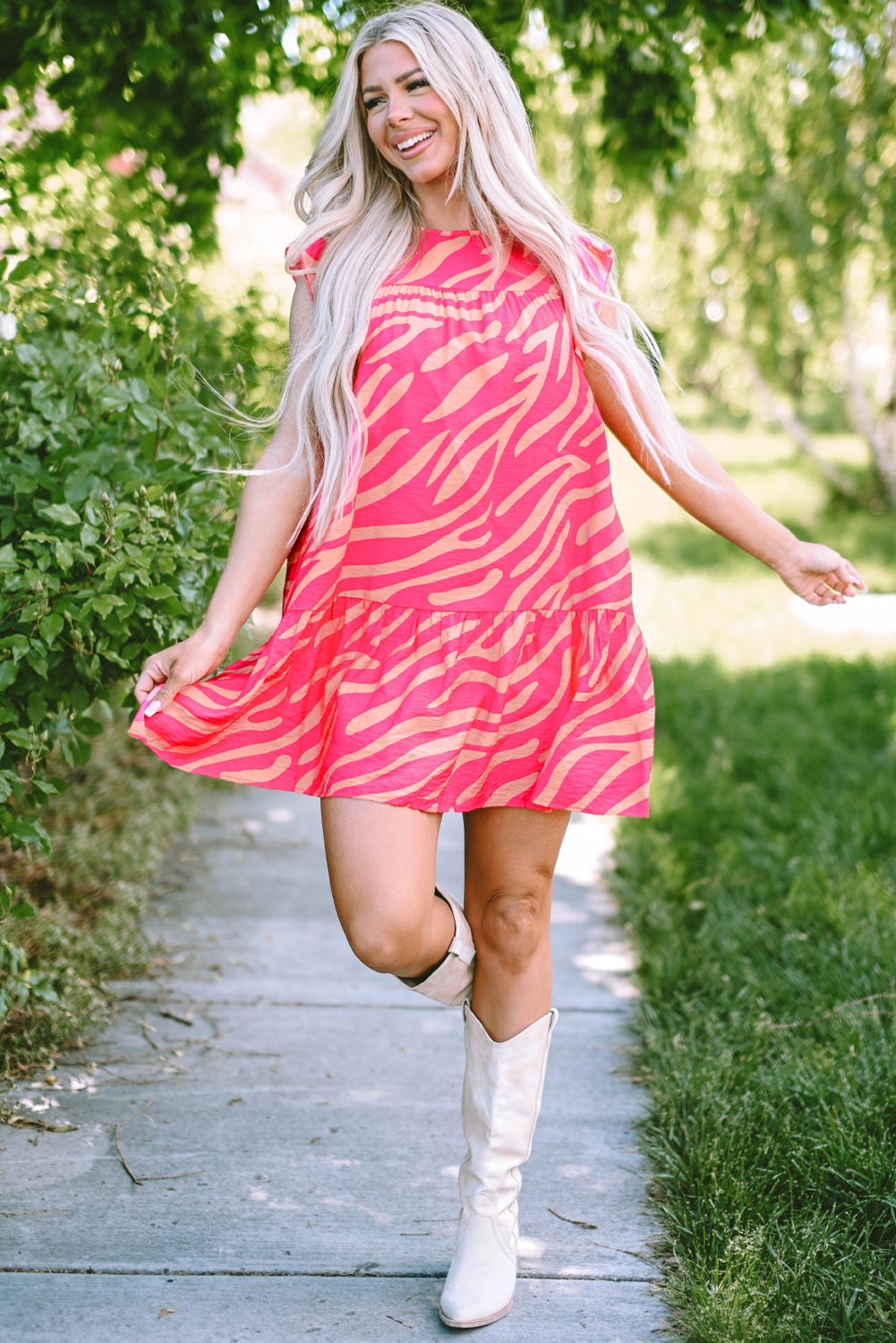 Pink Zebra Stripe Printed Ruffle Trim Pocketed Dress - loveforevers