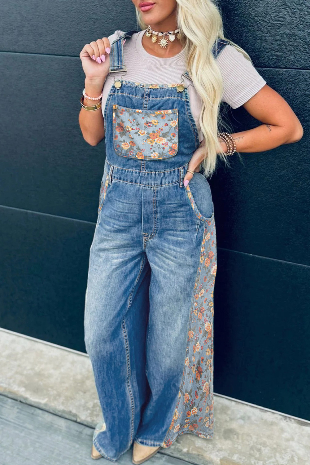 Peacock Blue Floral Patchwork Bib Denim Wide Leg Overalls - loveforevers