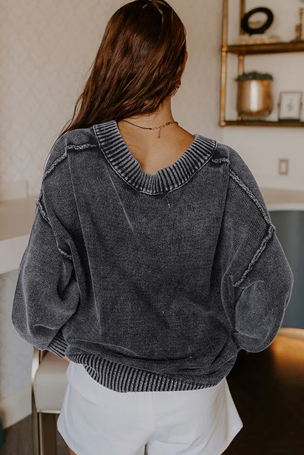 Four Leaf Clover Mineral Wash V Neck Knit Exposed Seam Drop Shoulder Loose Sweater - loveforevers