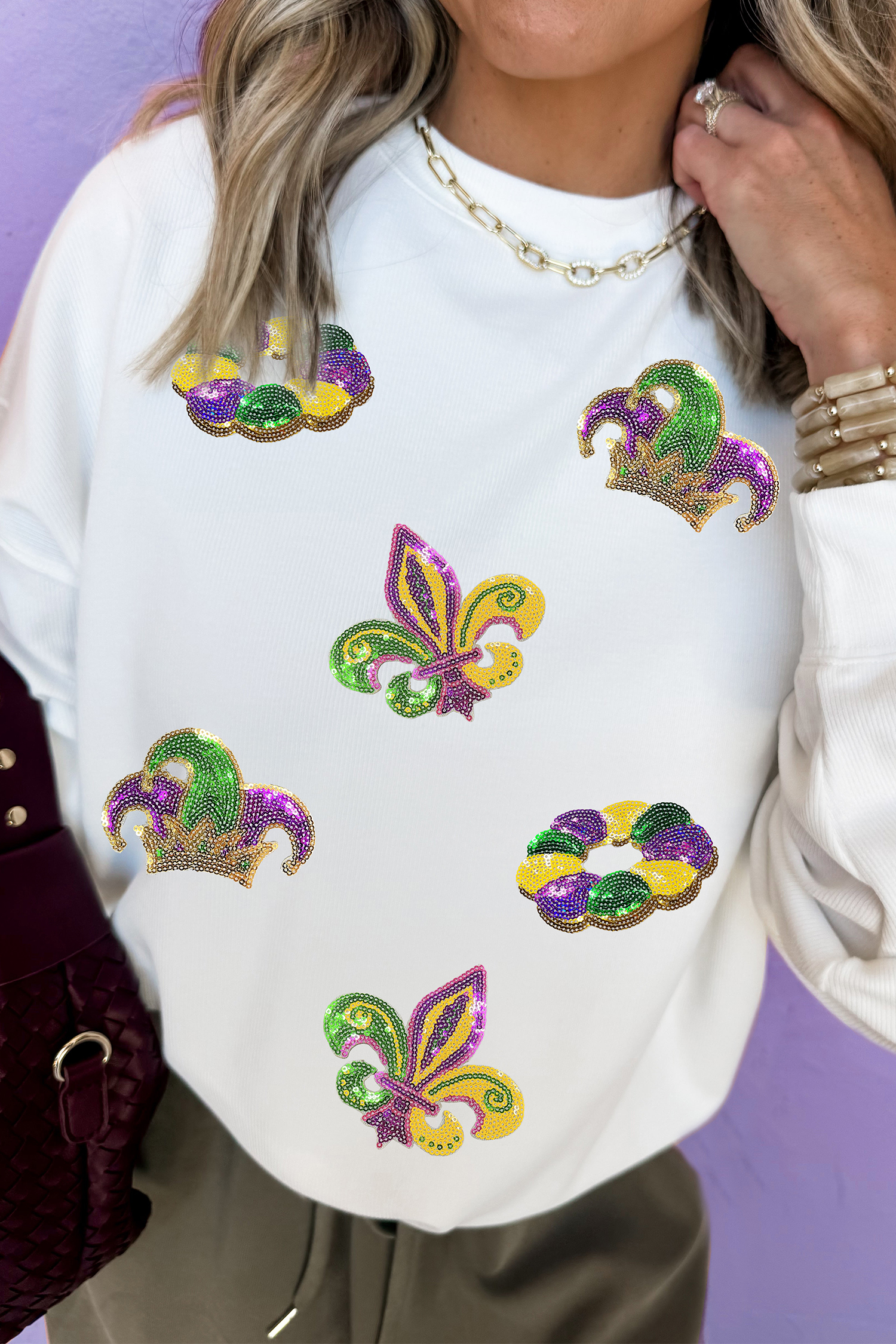 White Mardi Gras Sequin Crown Fleur De Lis Pullover Sweatshirt - loveforevers