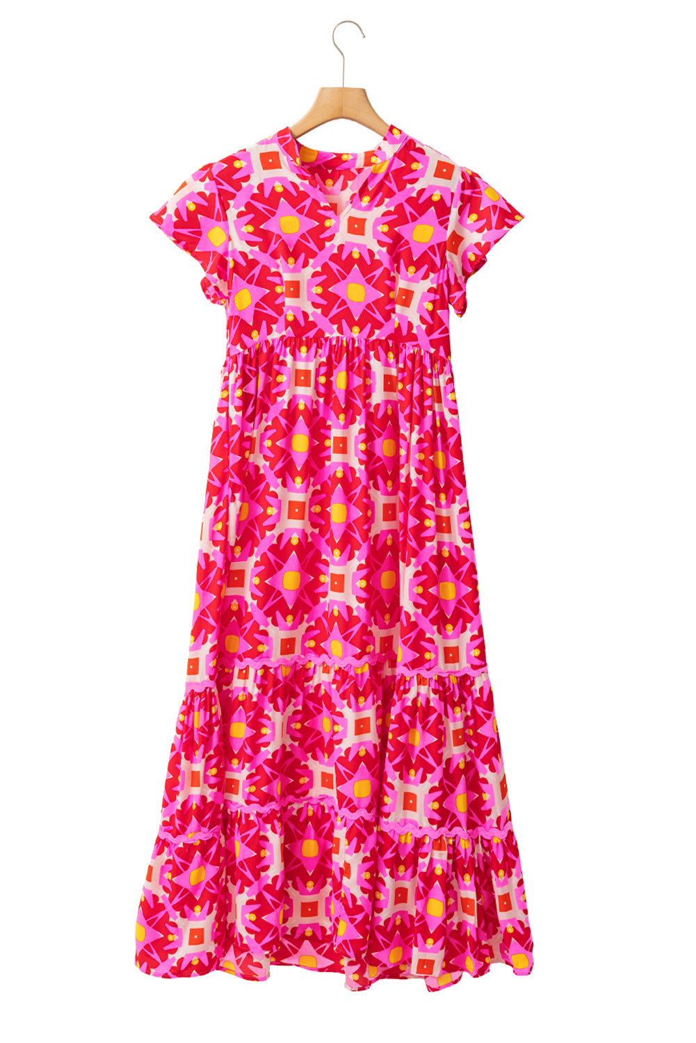 Strawberry Pink Geo Print V-neck Maxi Dress - loveforevers