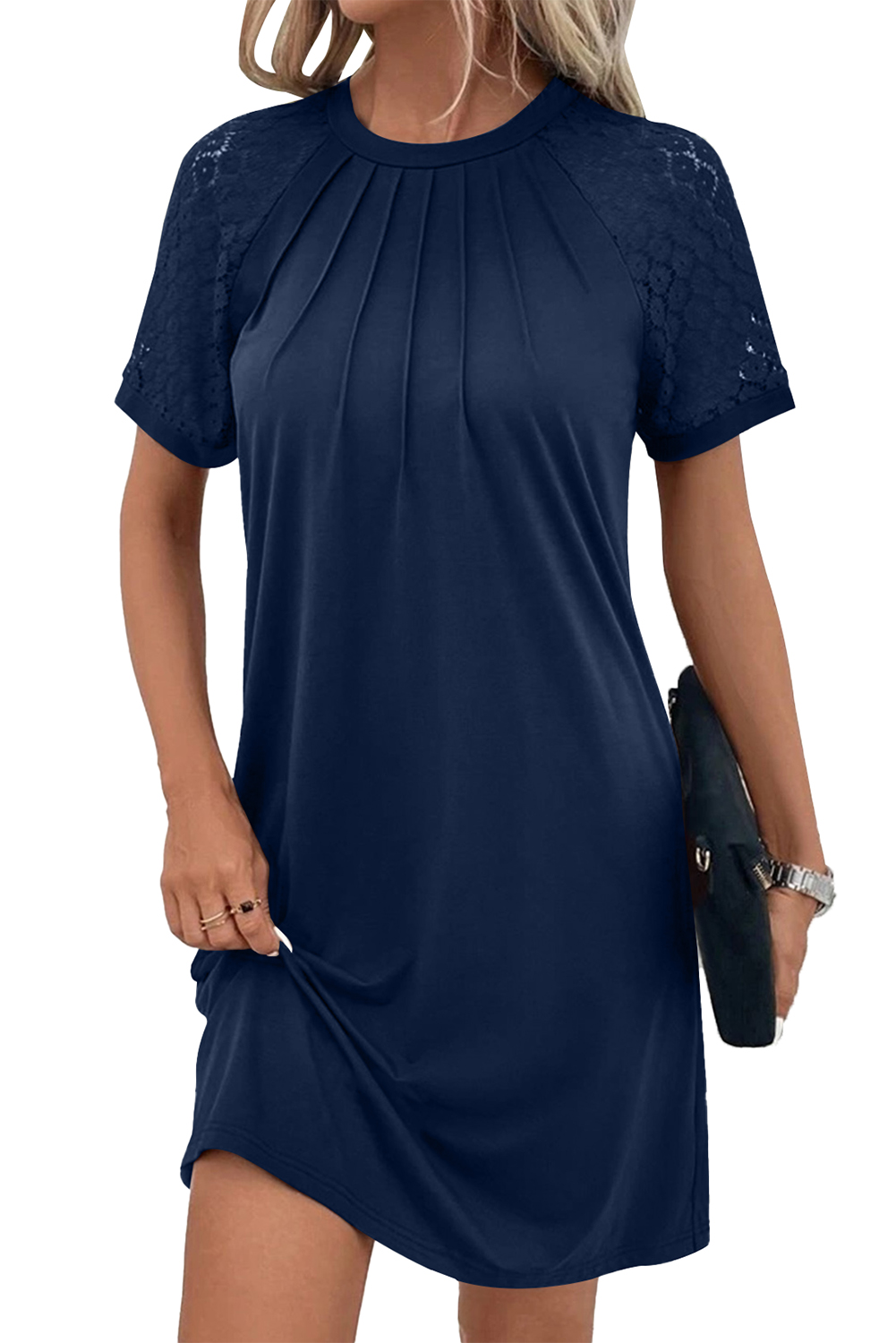 Navy Blue Contrast Lace Raglan Sleeve Pleated Detail Shift Dress - loveforevers